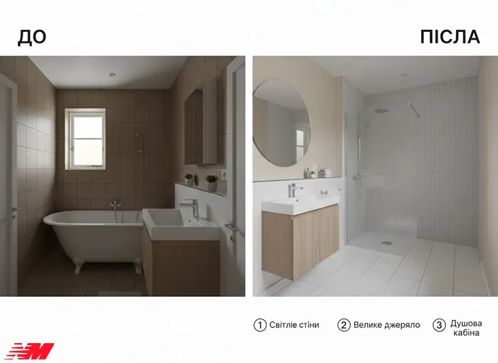 Компактна маленька ванна з підвісною сантехнікою та душовою кабіною