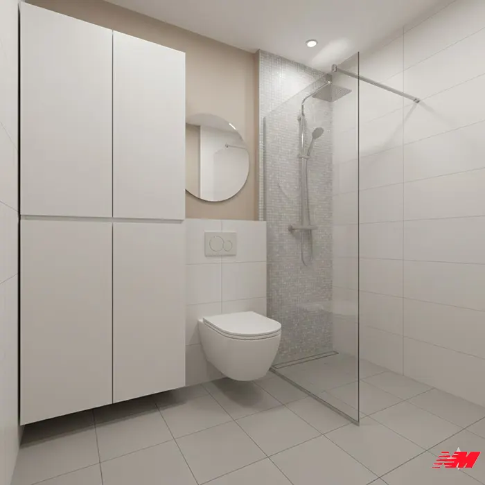 Мінімалістичний дизайн маленької ванної зі скляними елементами