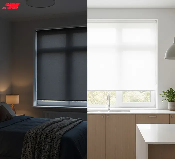 Рулонні штори для спальні і кухні Рулонні штори блекаут у спальні та напівпрозорі штори на кухні — порівняння кімнат