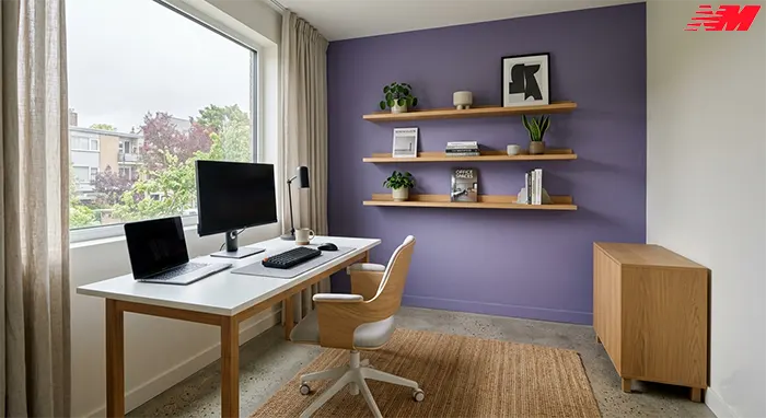 Лавандова акцентна стіна в мінімалістичному кабінеті