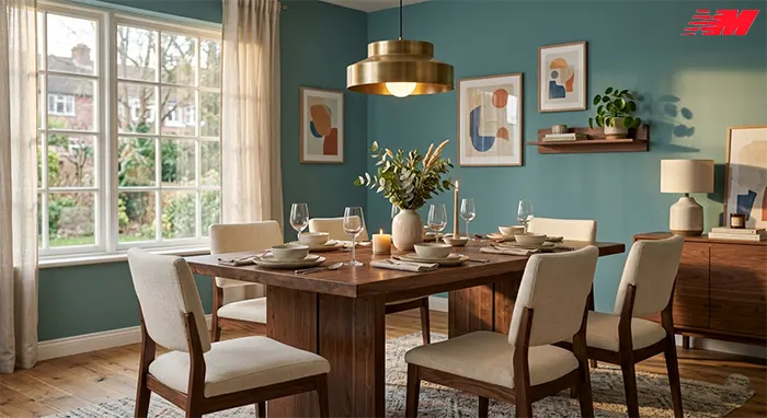 Поєднання кольорів стін і меблів: бірюзова стіна, горіхове дерево, латунь