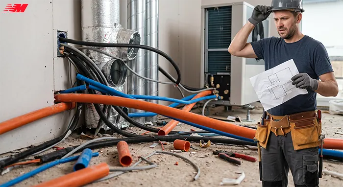 Хаос монтажу комунікацій на будівельному майданчику без попереднього проєктування