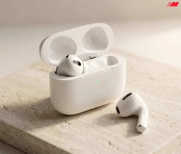 AirPods 4 — навушники Apple з чіпом H2 та зарядним кейсом Бездротові навушники AirPods 4 з відкритим зарядним кейсом на світлій поверхні