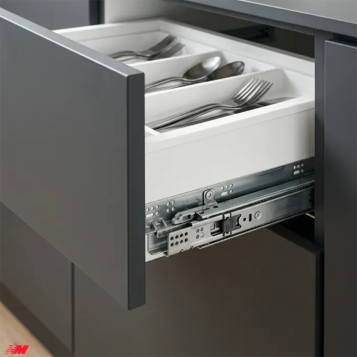 Висувний ящик кухні з фурнітурою Blum — тандем-система з повним викатом і механізмом м'якого закриття