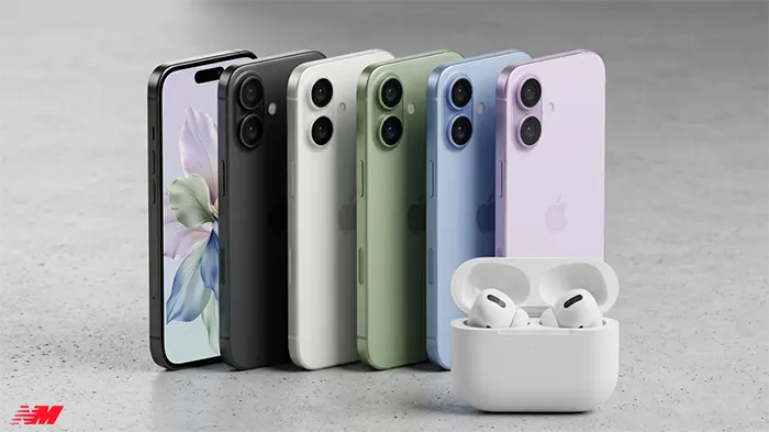 iPhone 17 — лінійка кольорів 2025 року П'ять смартфонів iPhone 17 у кольорах чорний, білий, зелений, синій та фіолетовий на сірому фоні