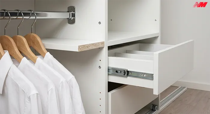 Внутрішня конструкція шафи-купе: полиці з ЛДСП 18 мм, штанга для одягу і висувні ящики