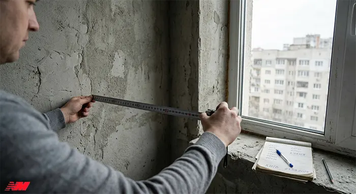 Замір стіни рулеткою в порожній кімнаті перед замовленням кухні — три точки вимірювання по висоті