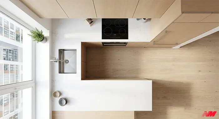 Г-подібне планування кухні — вигляд зверху з позначенням робочого трикутника: мийка, плита, холодильник