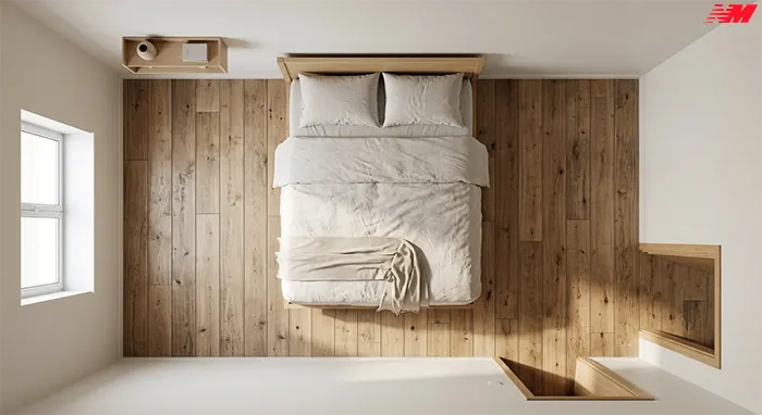 Розмір ліжка залежить від площі кімнати та мінімальних проходів Мінімальний прохід 60 см з кожного боку ліжка у спальні 12 м²