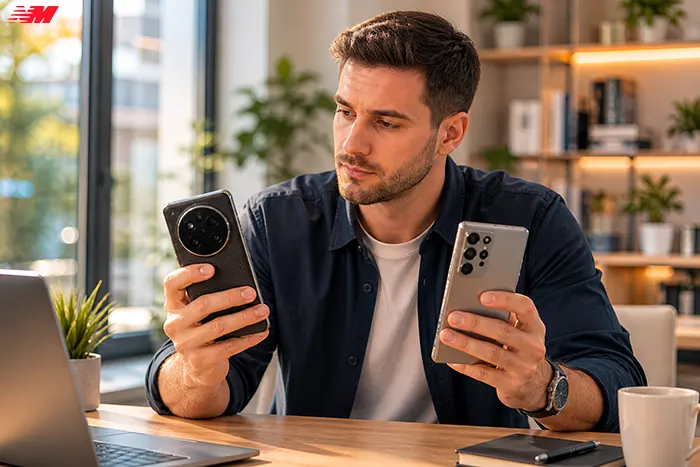 Мужчина сравнивает телефоны Xiaomi и Samsung Galaxy при выборе смартфона